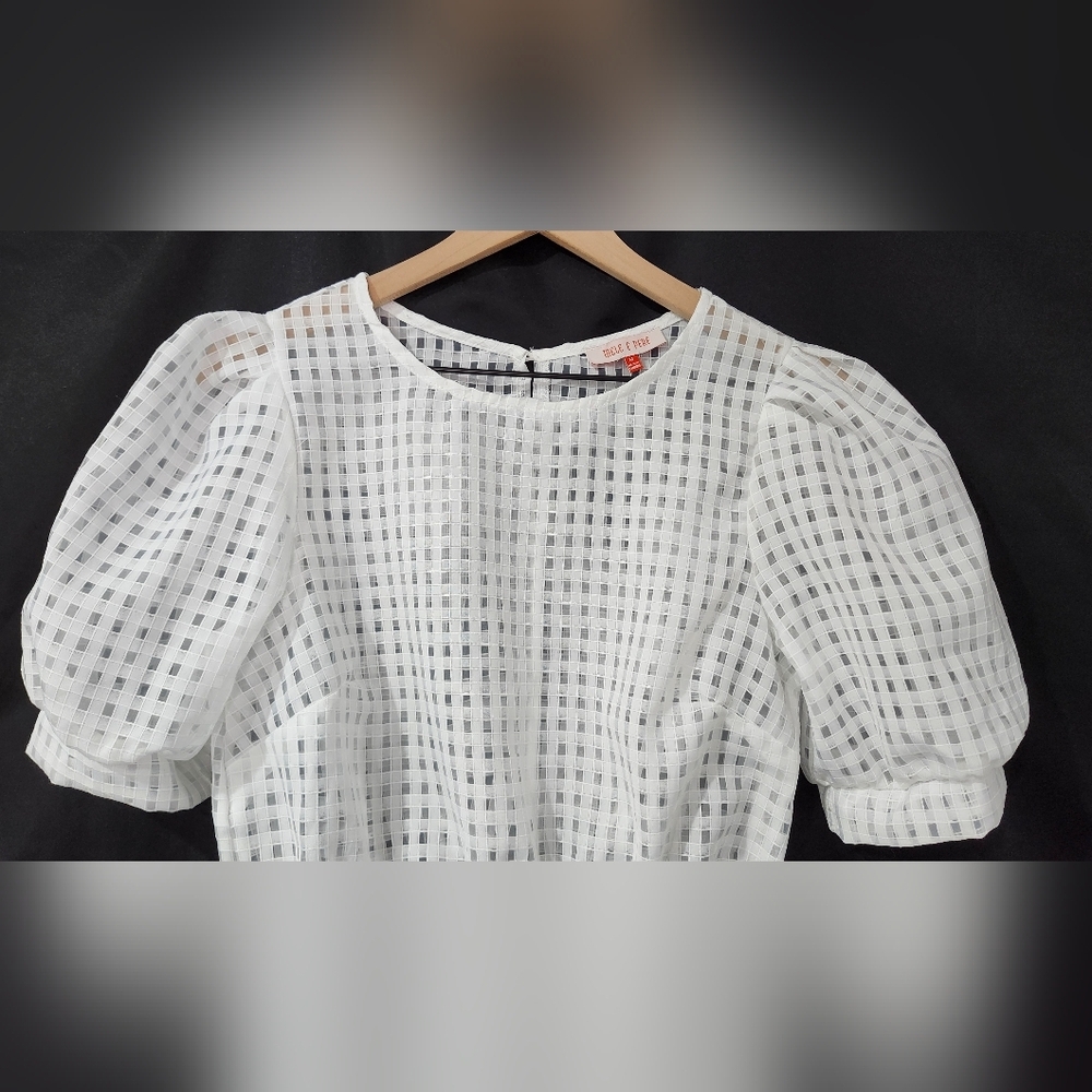 Mele E Pere Womens Puff Sleeve Top Size M White Sheer Modern Checkered Coquette - Picture 3 of 8